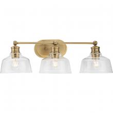 Progress P300397-163 - Singleton Collection Three-Light 26.5" Vintage Brass Farmhouse Vanity Light with Clear Glass Sha