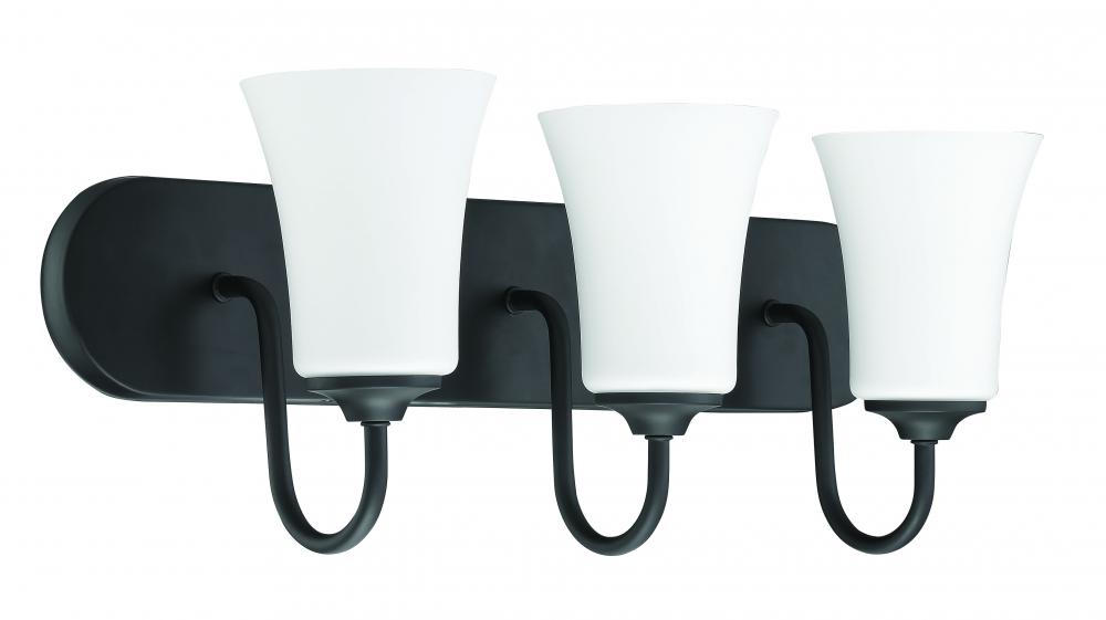 Gwyneth 3 Light Vanity in Flat Black (White Glass)