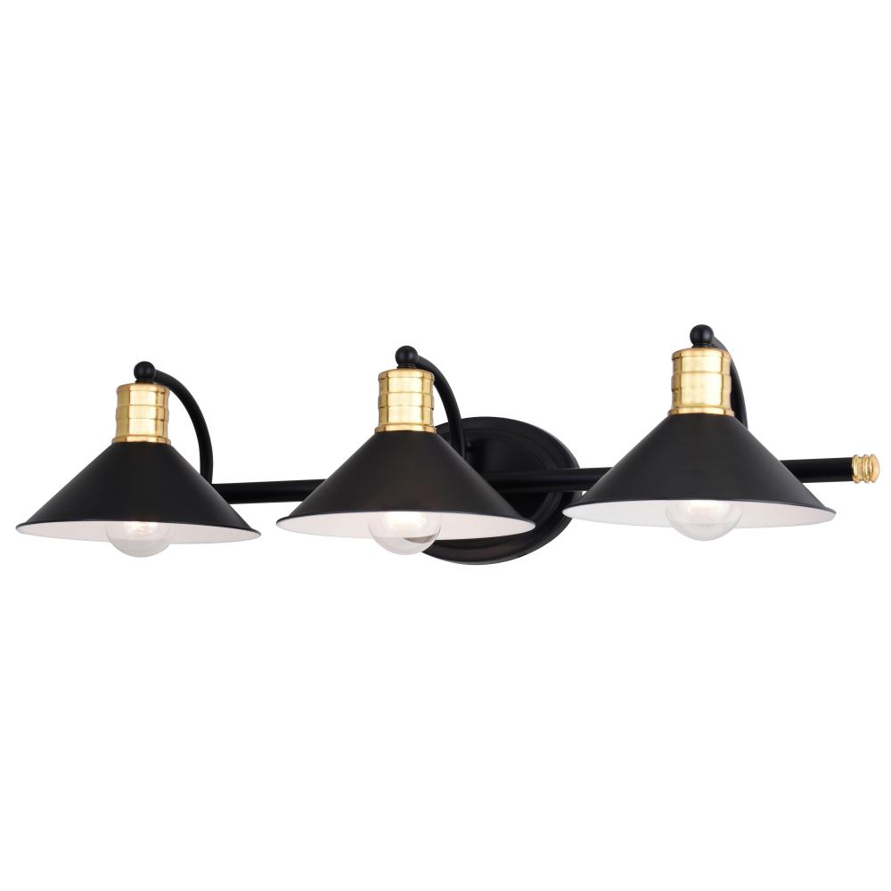 Akron 3 Light Vanity Matte Black and Natural Brass with Matte White