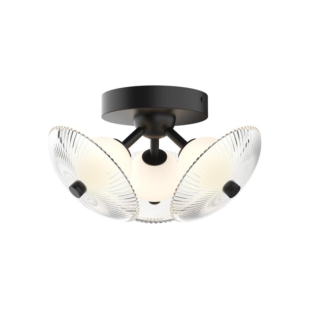 Hera 12-in Matte Black/Clear Ribbed Glass LED Flush Mount