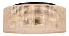 Canarm IFM1149A15NBK - BELLAMY 16.25 in. 3-Light 60-Watt Boho Black Flush Mount with Natural Rattan Shade